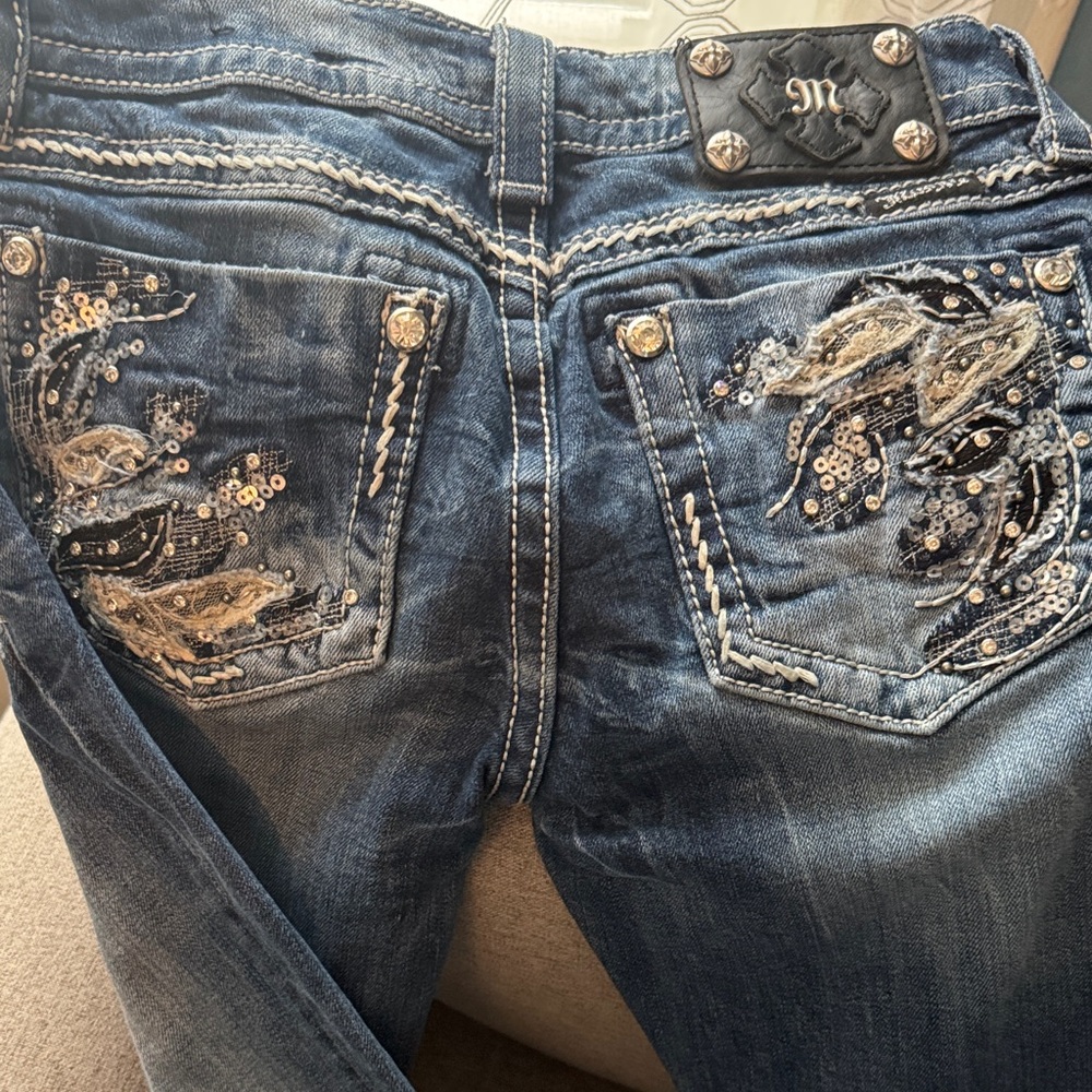 Miss Me Dark Blue Boot Cut Jeans with Silver Embellishments